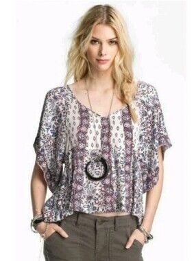 NWOT Free People Flowy Floral Boho Mix It Up Blouse Flutter Sleeve Top XS